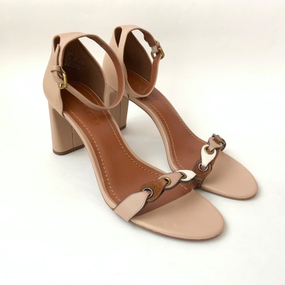Coach Link Nude Tan Leather Ankle Strap Heel Sandals Block Heel Pump Shoes 8.5 - Picture 12 of 14